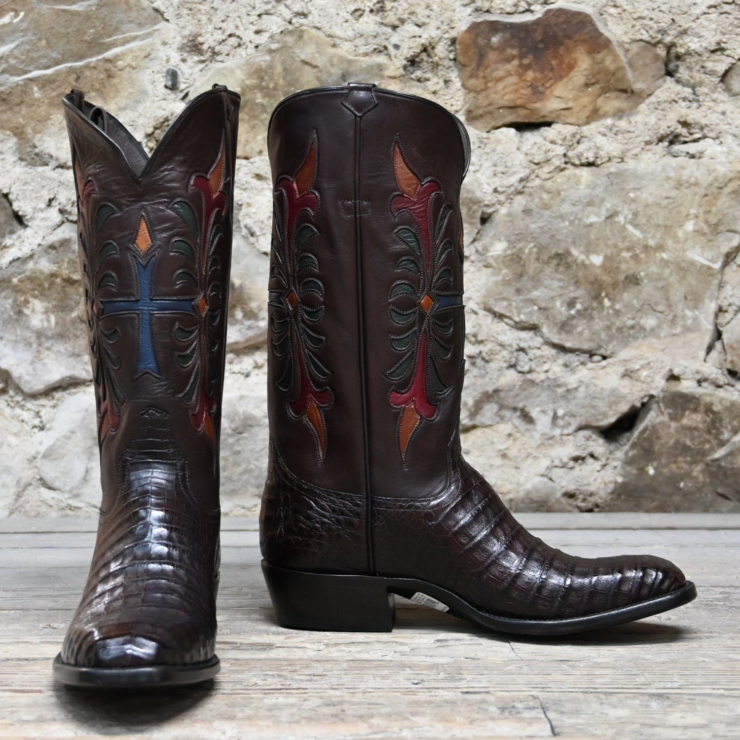 View of Stallion Men’s 13&quot; boot in chocolate calf with Fleur-de-Lis inlays, semi square toe, and Western heel