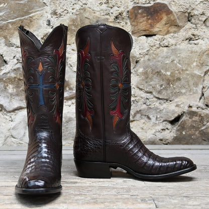 View of Stallion Men’s 13&quot; boot in chocolate calf with Fleur-de-Lis inlays, semi square toe, and Western heel