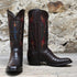 View of Stallion Men’s 13" boot in chocolate calf with Fleur-de-Lis inlays, semi square toe, and Western heel