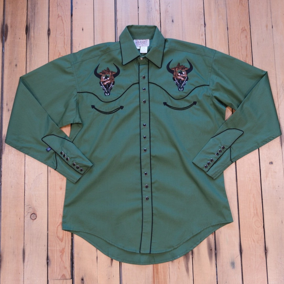 Rockmount Men’s Green Bison Skull &amp; Rider Embroidered Western Shirt