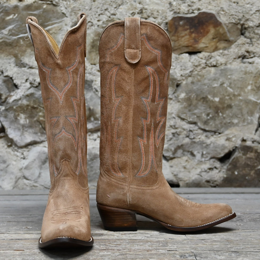 View of Macie Bean 15″ “Mind Your Own Biscuits” tobacco suede boot with almond toe and decorative stitch