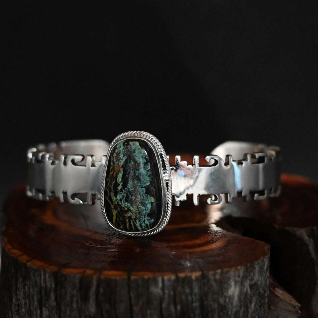View of Sunwest Silver Randy Billy Black Jack Turquoise Cuff featuring a Black Jack turquoise stone set in sterling silver