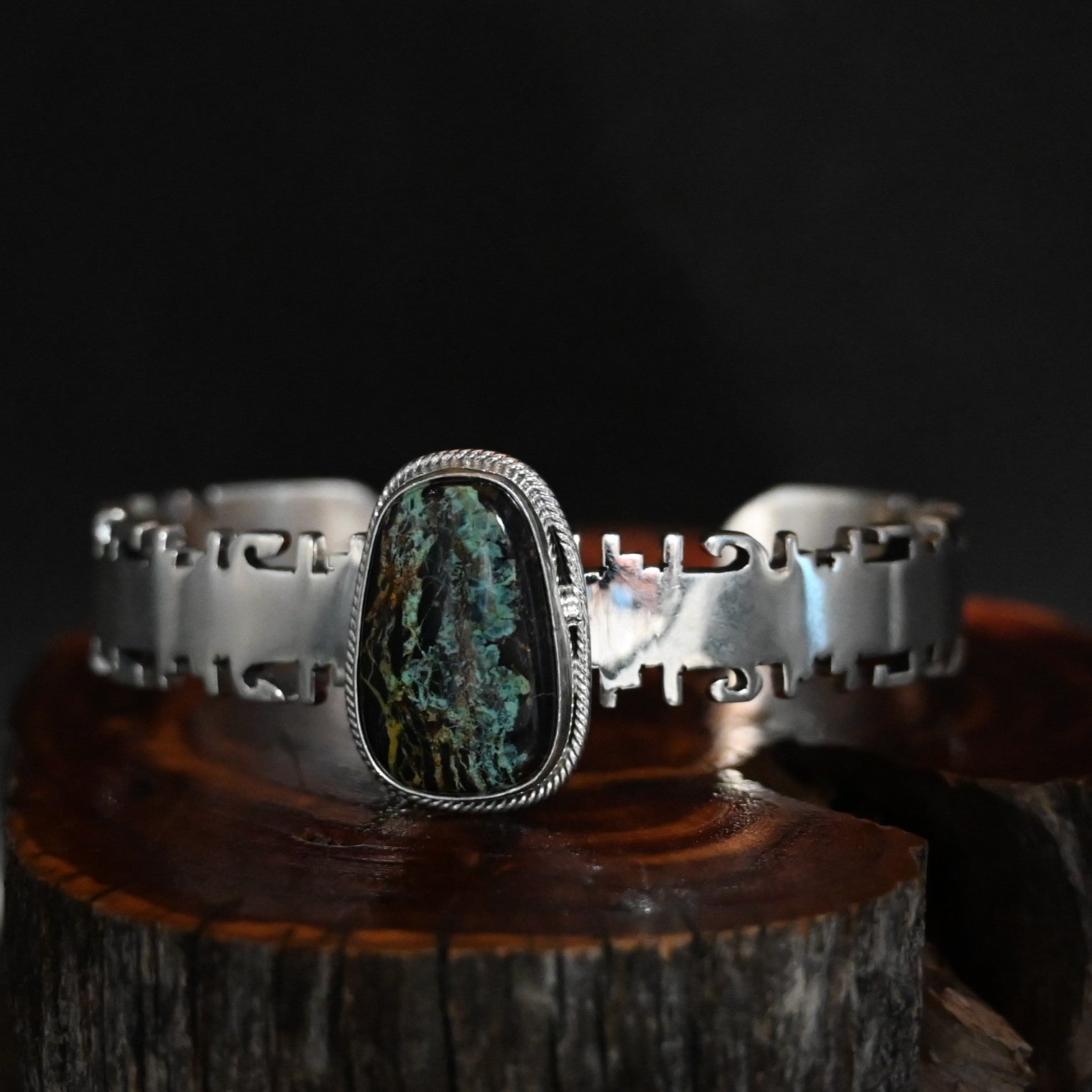 View of Sunwest Silver Randy Billy Black Jack Turquoise Cuff featuring a Black Jack turquoise stone set in sterling silver