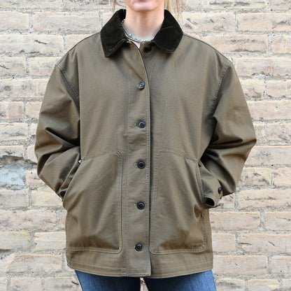 View of Filson Ladies Barn Coat in Marsh Olive featuring button-front closure and corduroy-lined collar