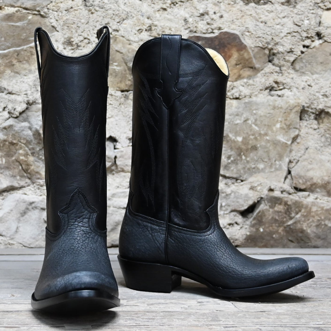 Nutted Calf Black Bison "The Man in Black" Town Boot on Custom "Duke" Last view of front and side