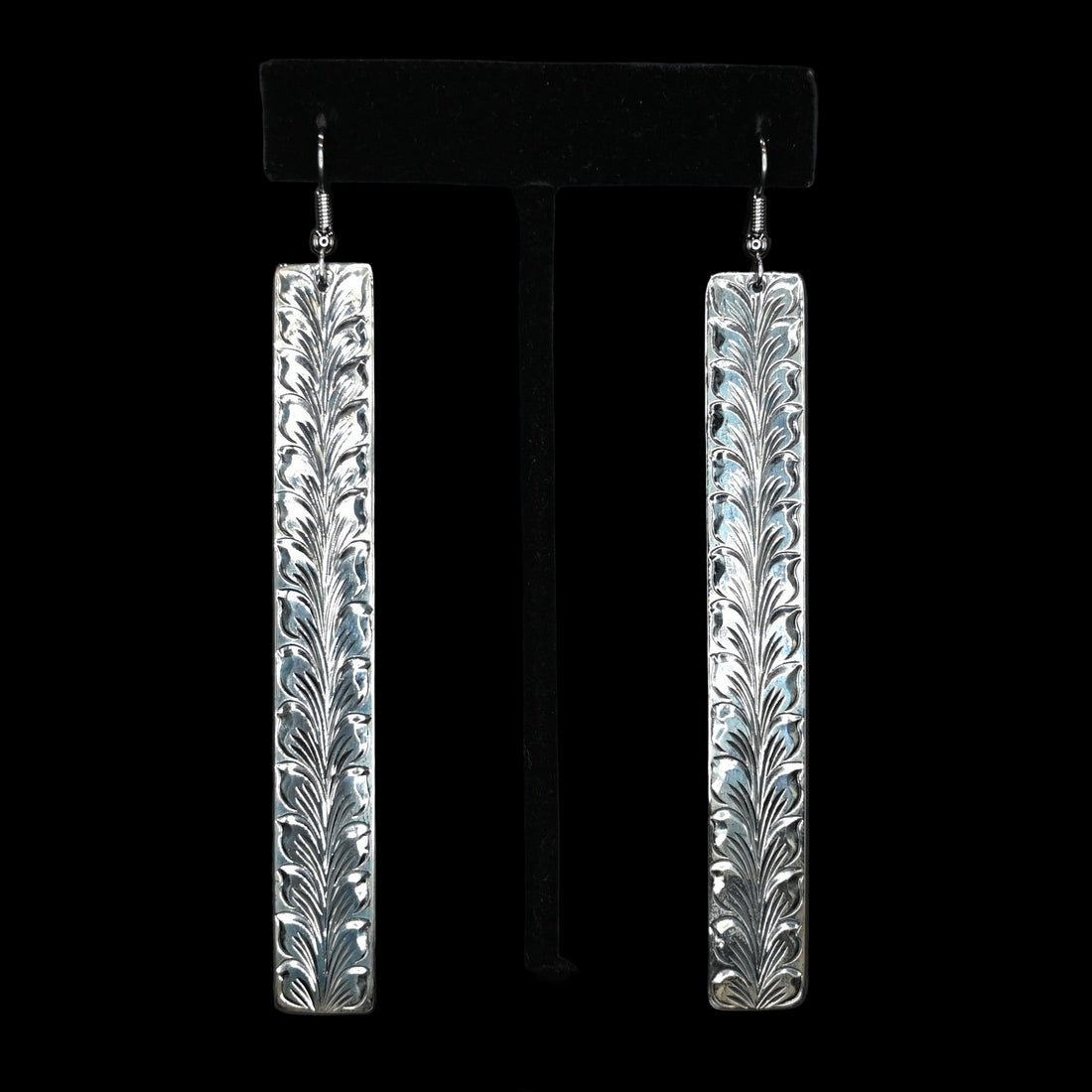 Vogt Silversmiths Evangeline sterling silver wire earrings, engraved leaf front and scroll work back