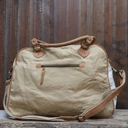 American Darling neutral geo canvas duffel bag with leather trim and geometric pattern
