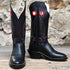 View of Hondo 14" black cowboy boot in retan leather with pull holes and spur ledge
