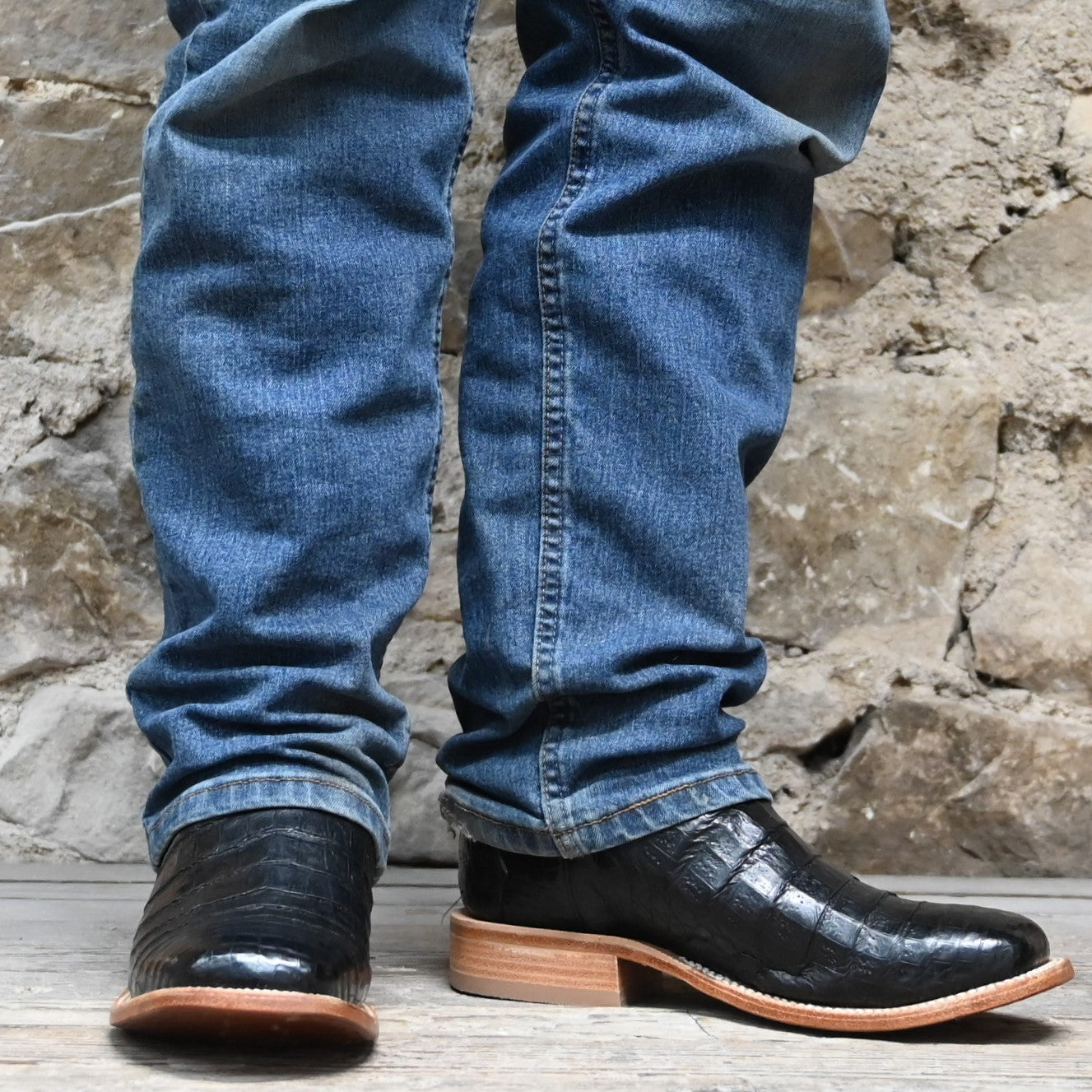 View of Hyer BIG BOW 13&quot; boots featuring a honey vintage goat upper and black belly matte caiman vamp with historic stitch pattern