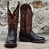 View of Hondo 13" cowboy boot with rust volcano top, chocolate Spanish shoulder vamp, and wide round toe