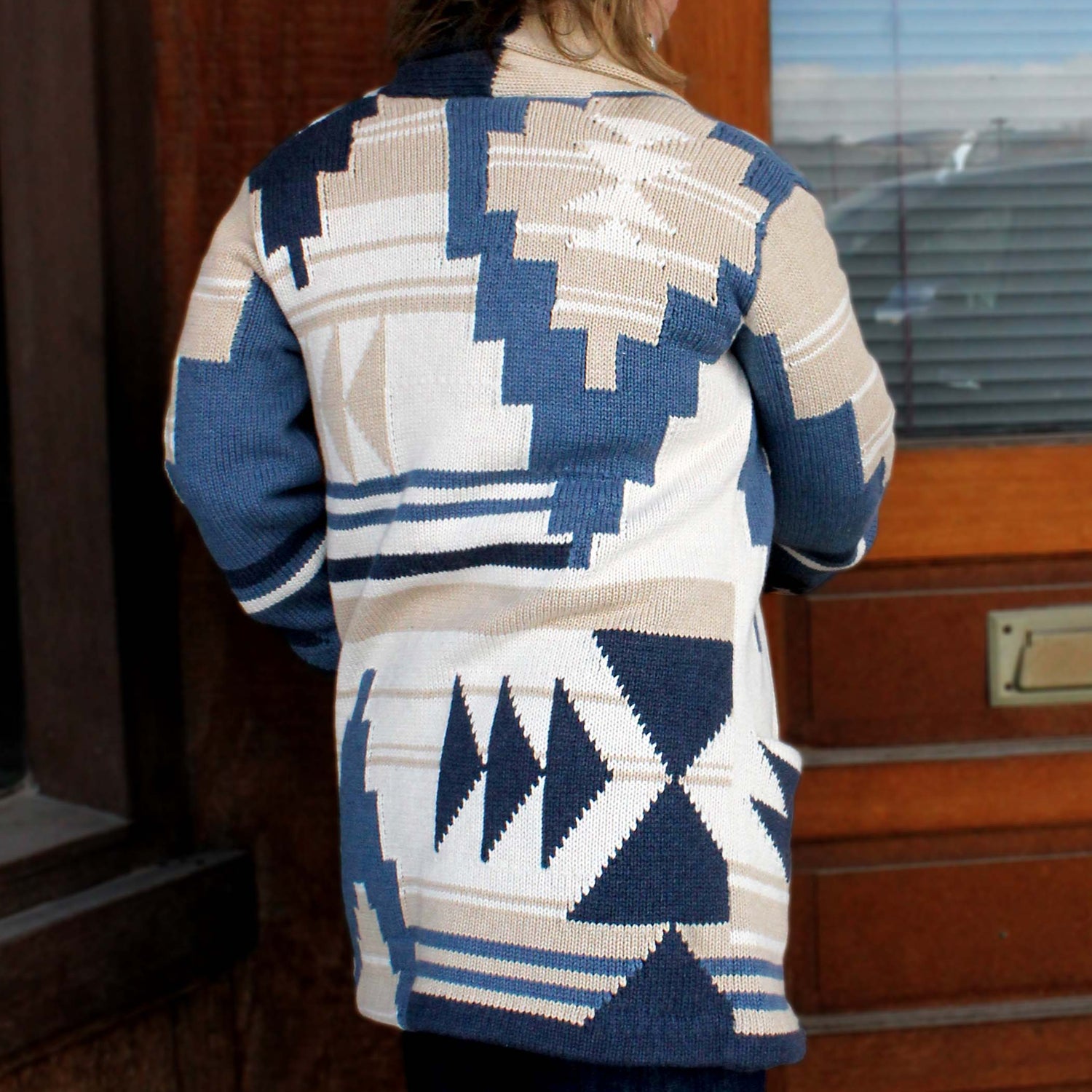 View of Pendleton shawl‑collar sweater blazer in sandshell and navy geometric pattern