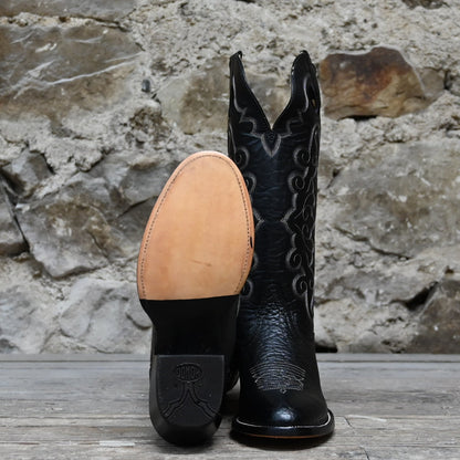 View of Hondo 14&quot; black cowboy boot with bullhide vamp, cowhide top, and medium round toe