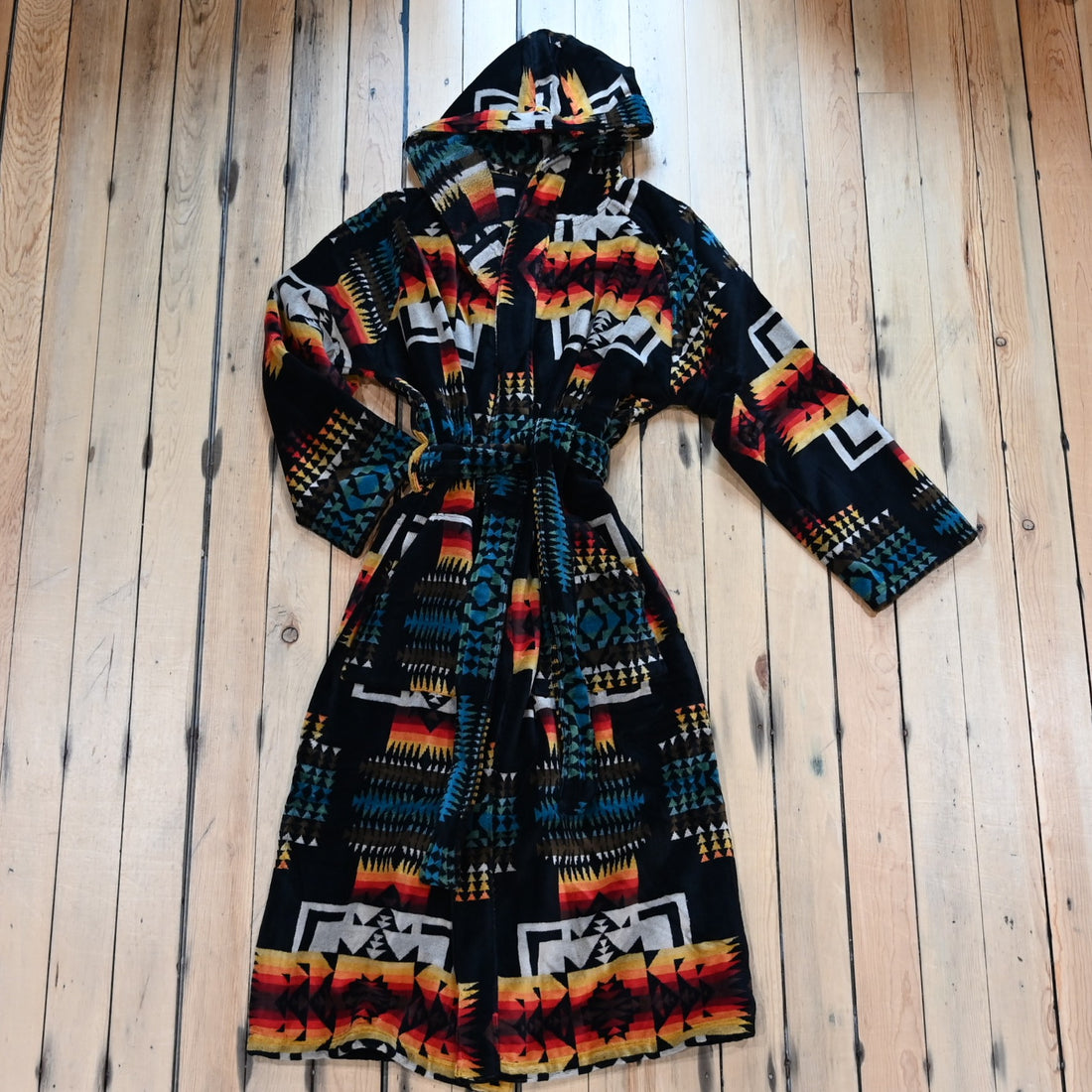 View of Pendleton unisex cotton terry velour robe in assorted patterns with hood and pockets