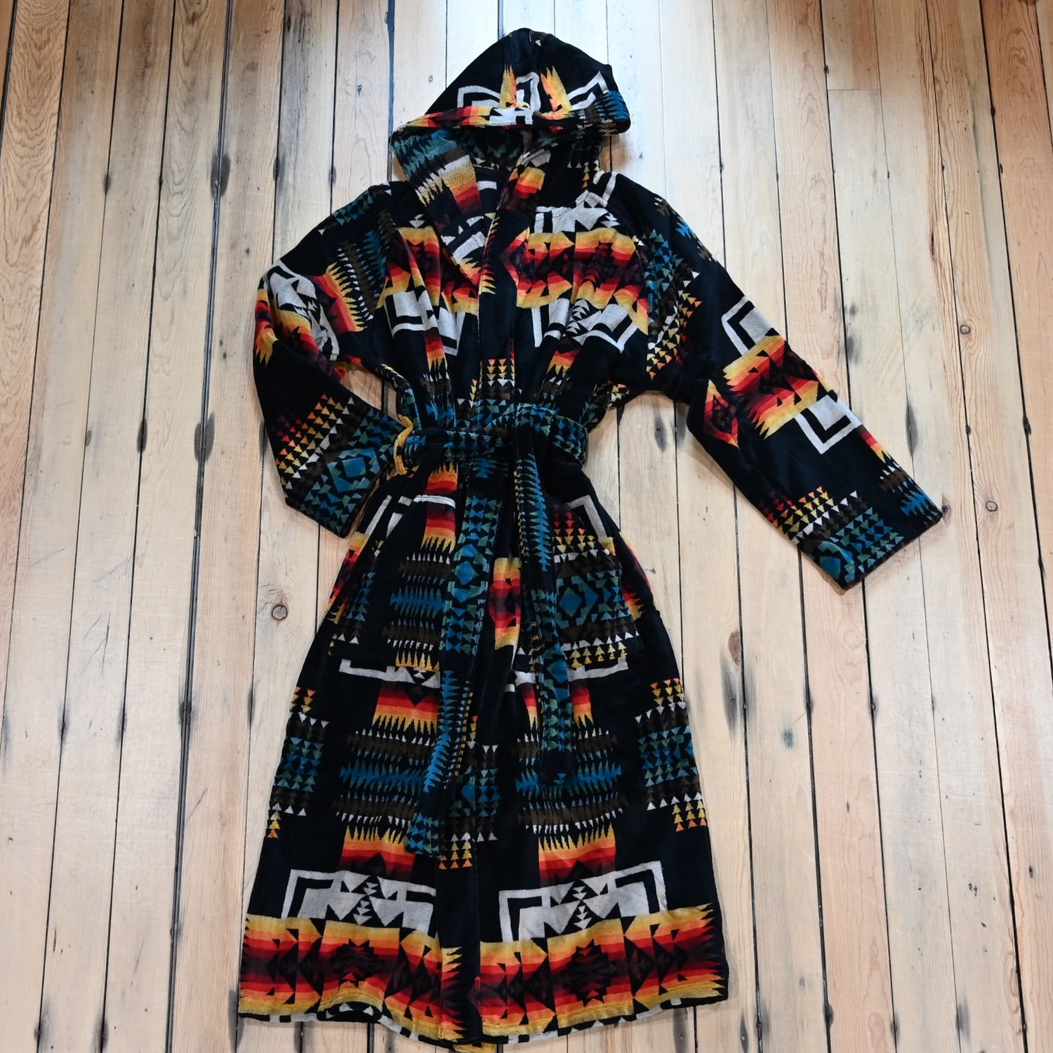 View of Pendleton unisex cotton terry velour robe in assorted patterns with hood and pockets