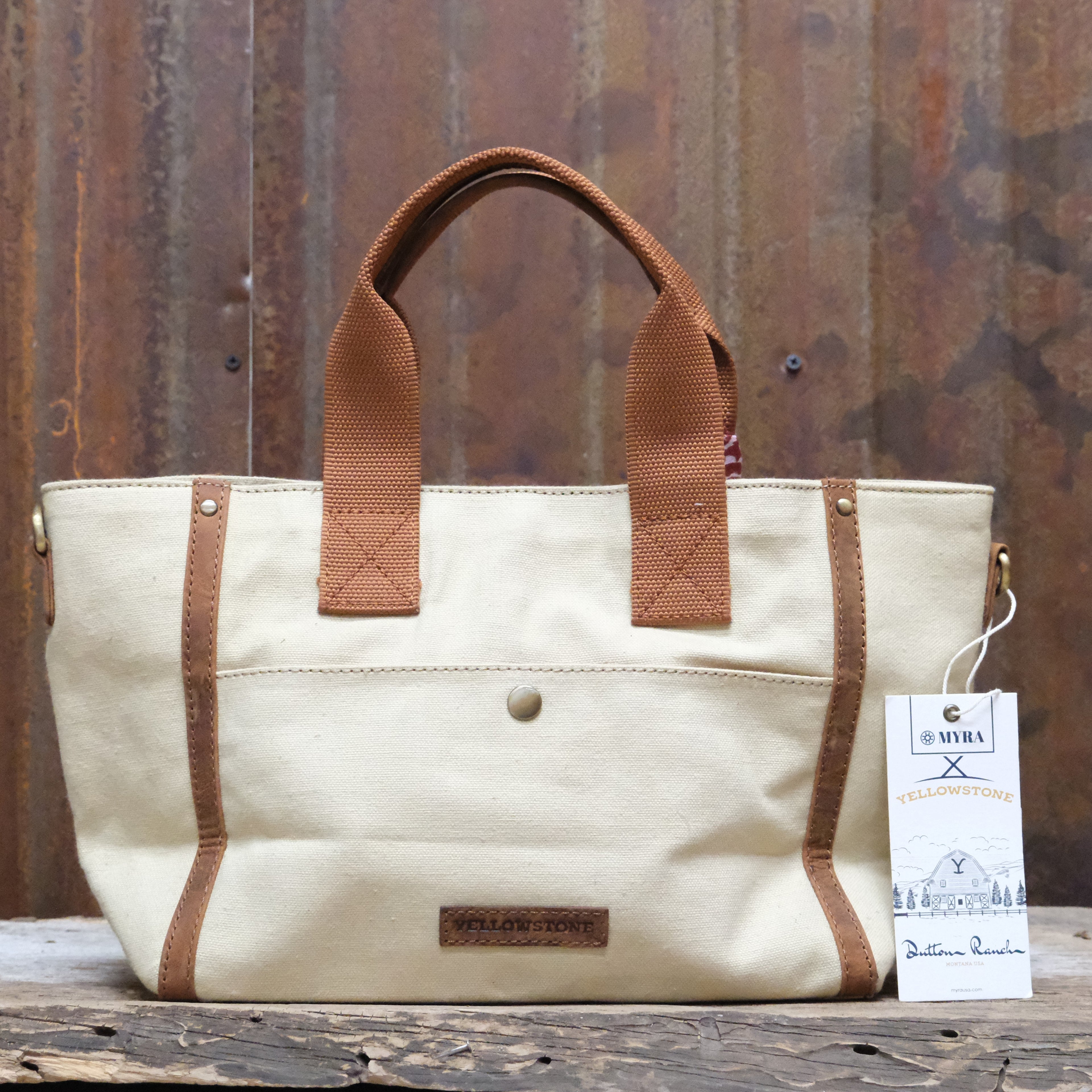 Myra Yellowstone Echo Valley Ivory printed canvas crossbody bag with leather trim and matching scarf