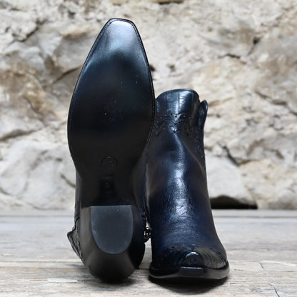View of Stallion Ladies Zorro zip boot in dark navy Italian calf with caiman wingtip and pointed snip toe