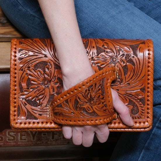 Que Chula El Guante honey tooled leather purse with glove style hand strap