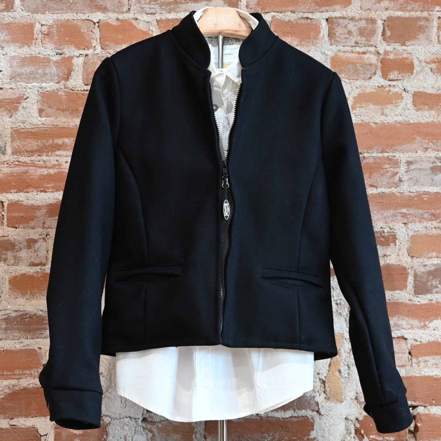 View of Schaefer ladies wool jacket in solid gray, red, or black with western yoke and zip front