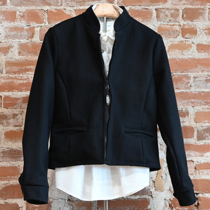 View of Schaefer ladies wool jacket in solid gray, red, or black with western yoke and zip front