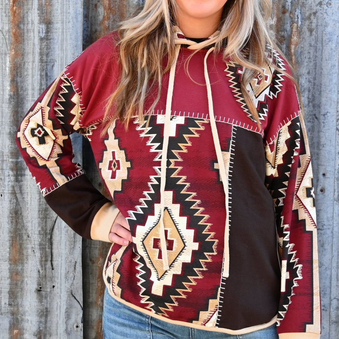 View of Double D Ranch Ladies Hoodie – Southwestern print hoodie with drawstring hood and front pocket for a stylish and comfortable look