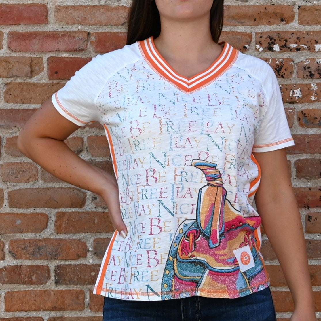 View of Double D Ranch Trail Ride Top in Cloud featuring retro racing stripes, saddle design, and sport ribbing trim