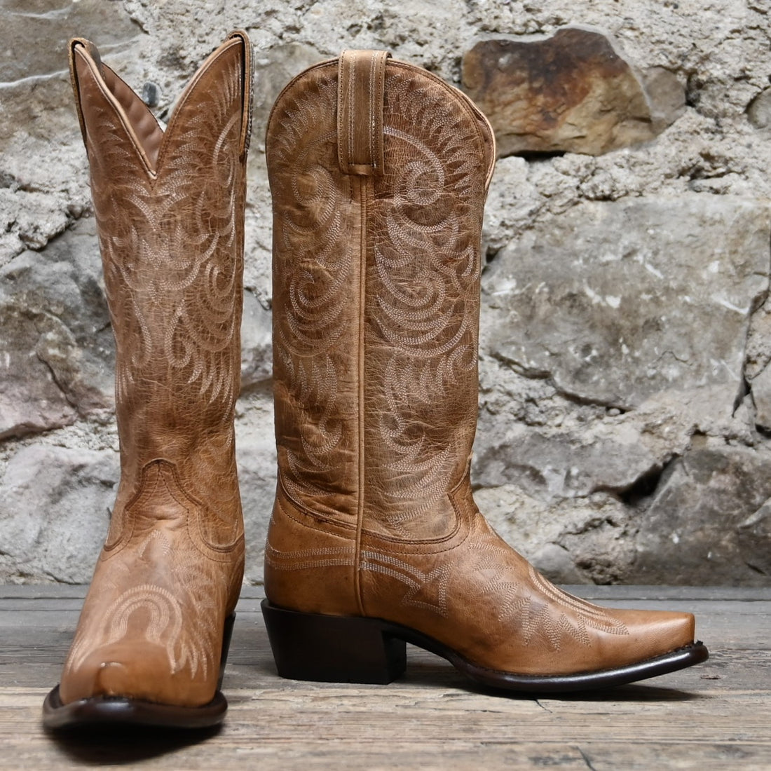 View of Hyer ROAD TO ARIZONA 13" boots showcasing brown Mad Dog goat vamp and top with full boot embroidery, fashion snip toe, and leather stacked heel