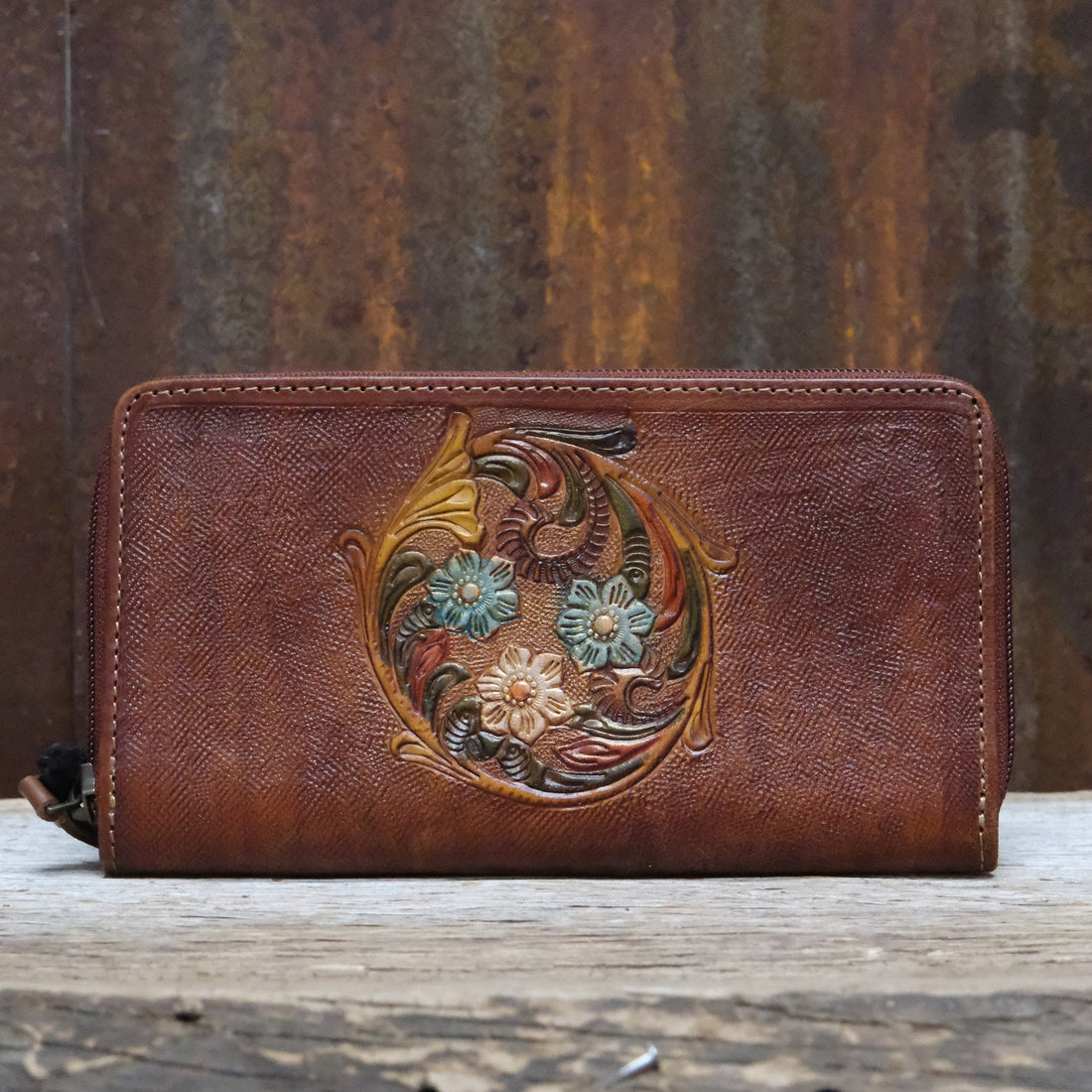 Myra floral print canvas circular wallet with leather trim and zipper closure