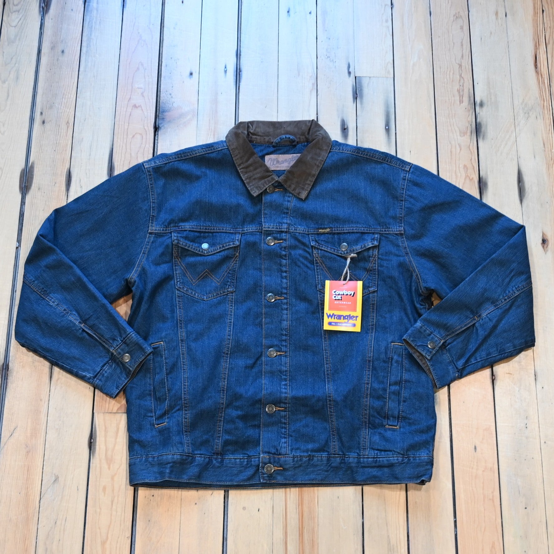 View of Wrangler Traditional Lined Denim Jacket in Rustic featuring blanket lining and Western styling
