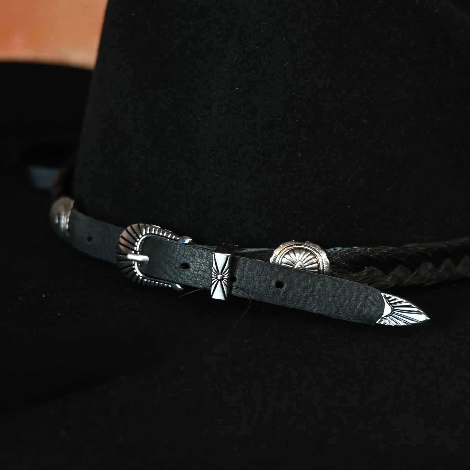 Cowboy Collectibles Red Lodge black braided horsehair hatband with concho buckle and Western detail