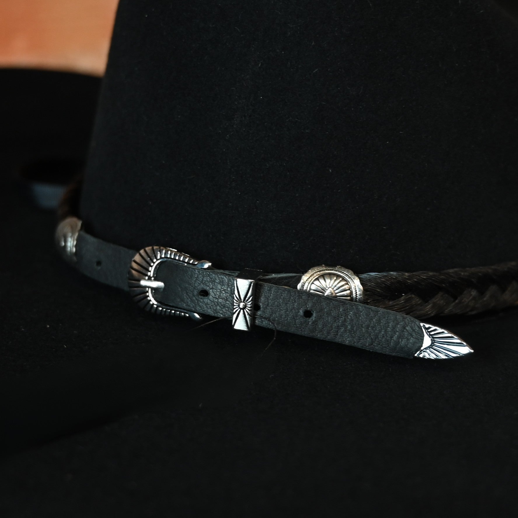 Cowboy Collectibles Red Lodge black braided horsehair hatband with concho buckle and Western detail