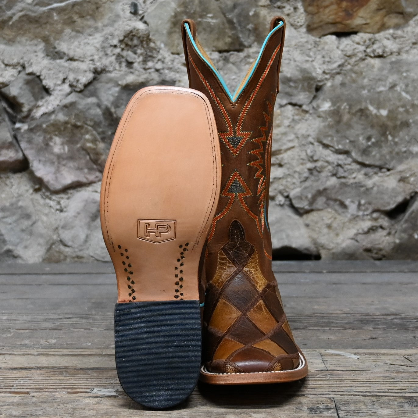 View of Horse Power 13&quot; boot with Crazy Train patchwork vamp, honey top, square toe, and pull straps