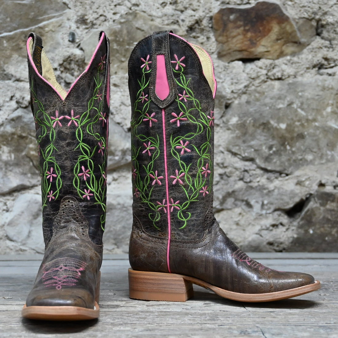 View of Hondo 13&quot; cowboy boot in brown crater leather with wide square toe and classic Western stitching