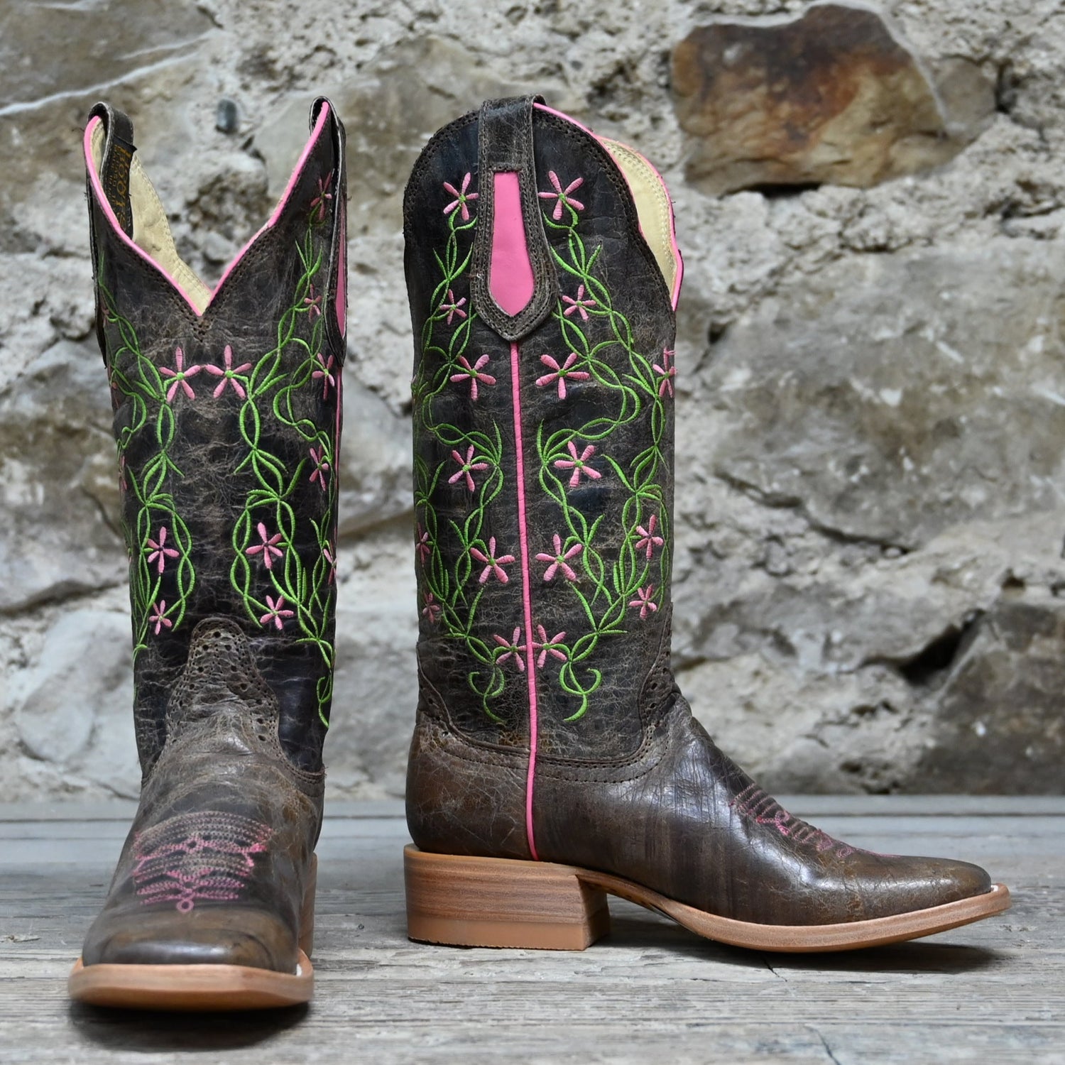 View of Hondo 13&quot; cowboy boot in brown crater leather with wide square toe and classic Western stitching