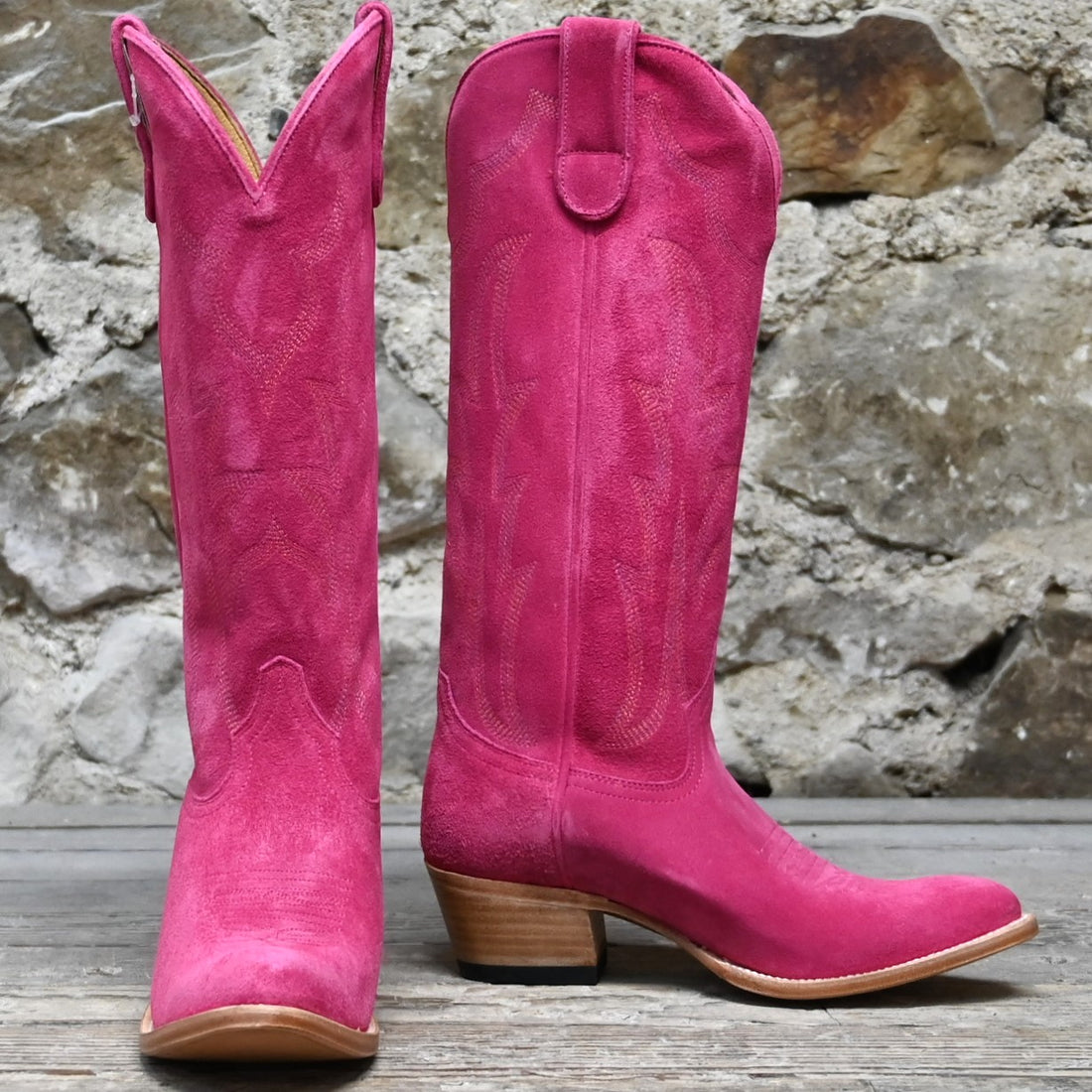 View of Macie Bean 15" hot pink suede boot with almond toe and Citygirl heel