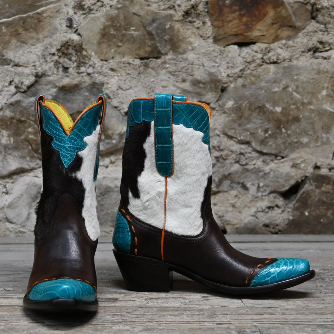 View of Stallion Ladies 9&quot; hair-on Peewee boot with turquoise croc wingtip and 1.75&quot; heel