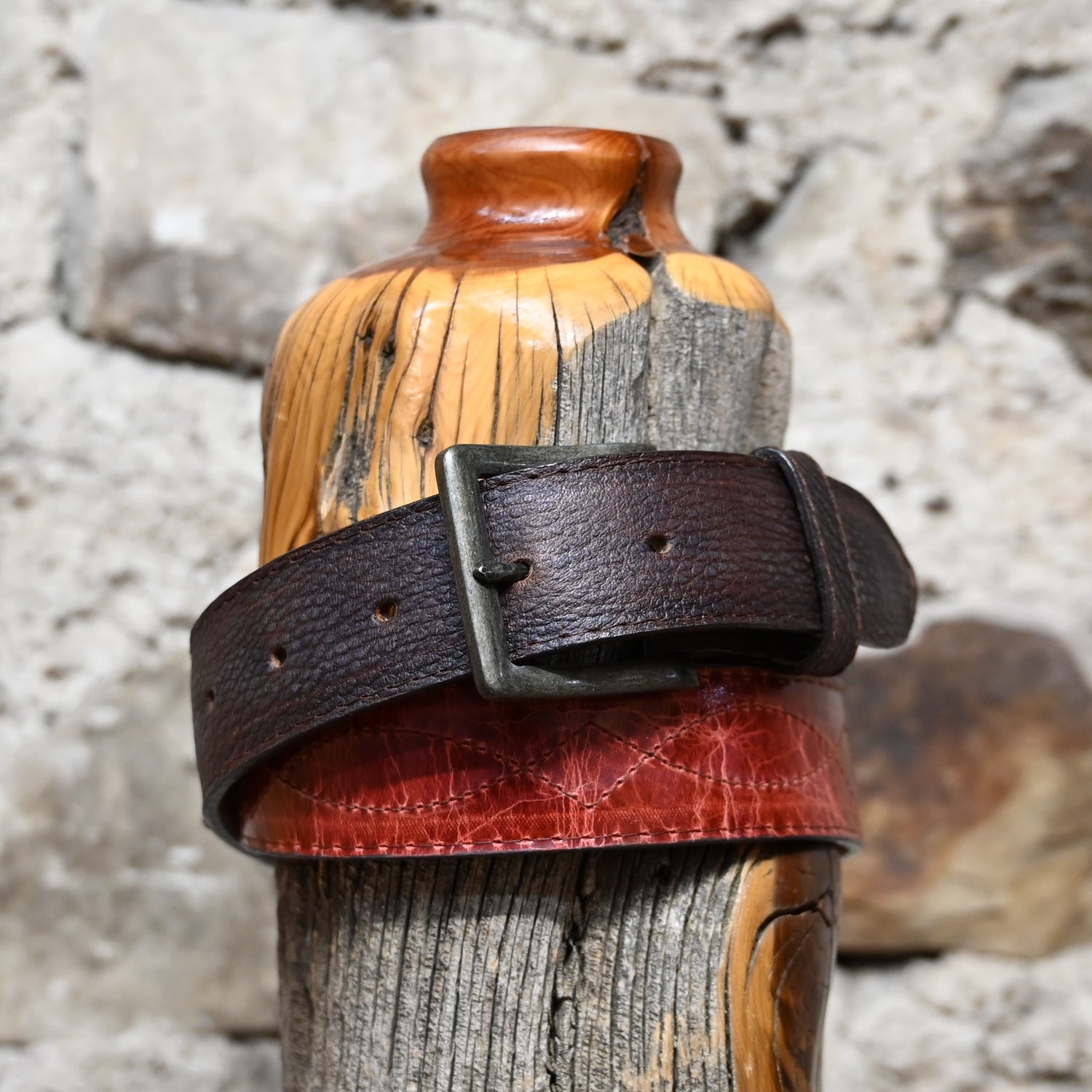 Hondo Brown Oil-Tan leather belt with Red Volcano inlay designed to match Hondo Boot 1824