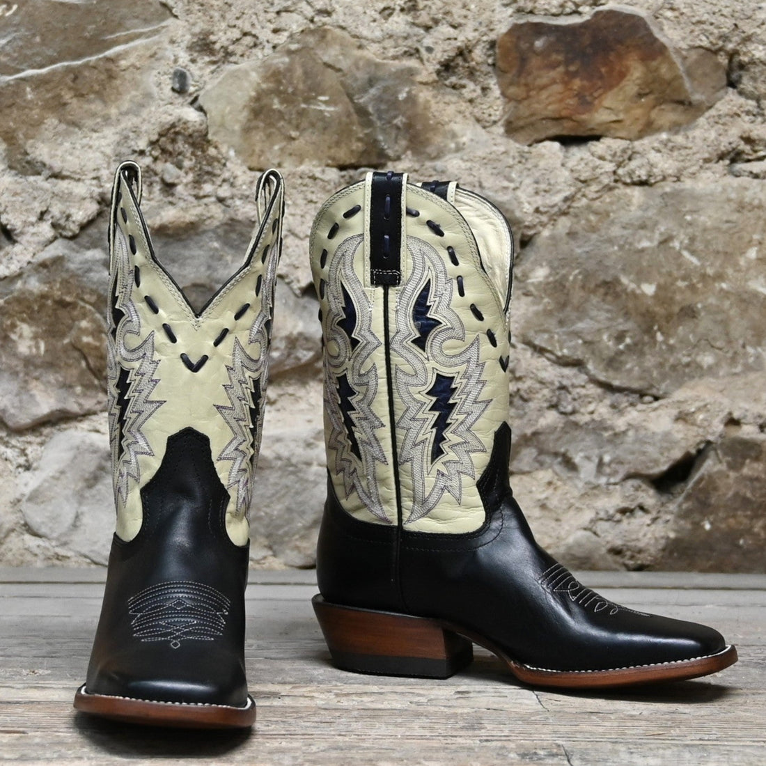 View of Hondo 11&quot; cowboy boot with bone leather top, black steer vamp, and wide square toe