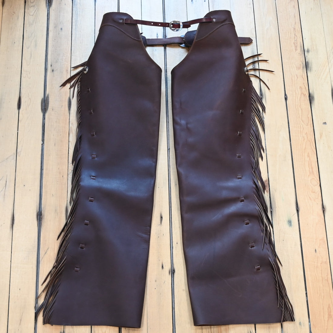 View of K Bar J Cowboy Basic Shotgun Chaps in Size Medium with fringe and buckle closures