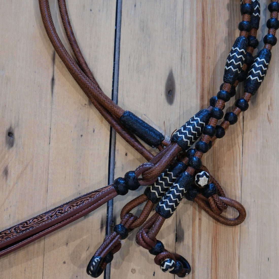 Traditional Rawhide 30 Plait 102" Romel Reins: Brown with Black and White Accents