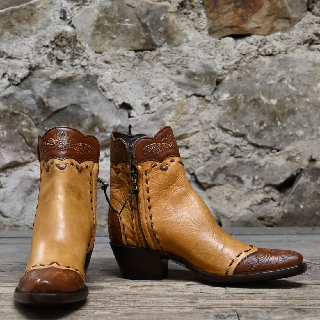 View of Stallion Ladies Zorro zip boot in camel ranch hand with golden buckstitching and tooled accents