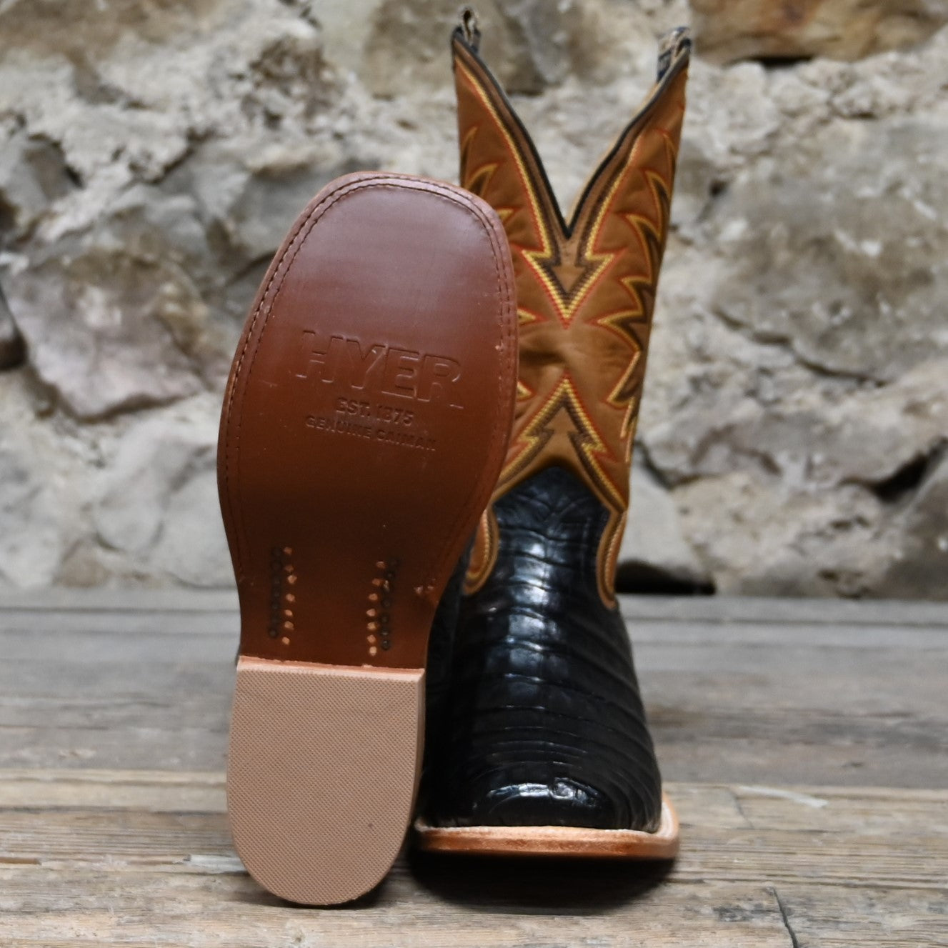 View of Hyer BIG BOW 13&quot; boots featuring a honey vintage goat upper and black belly matte caiman vamp with historic stitch pattern