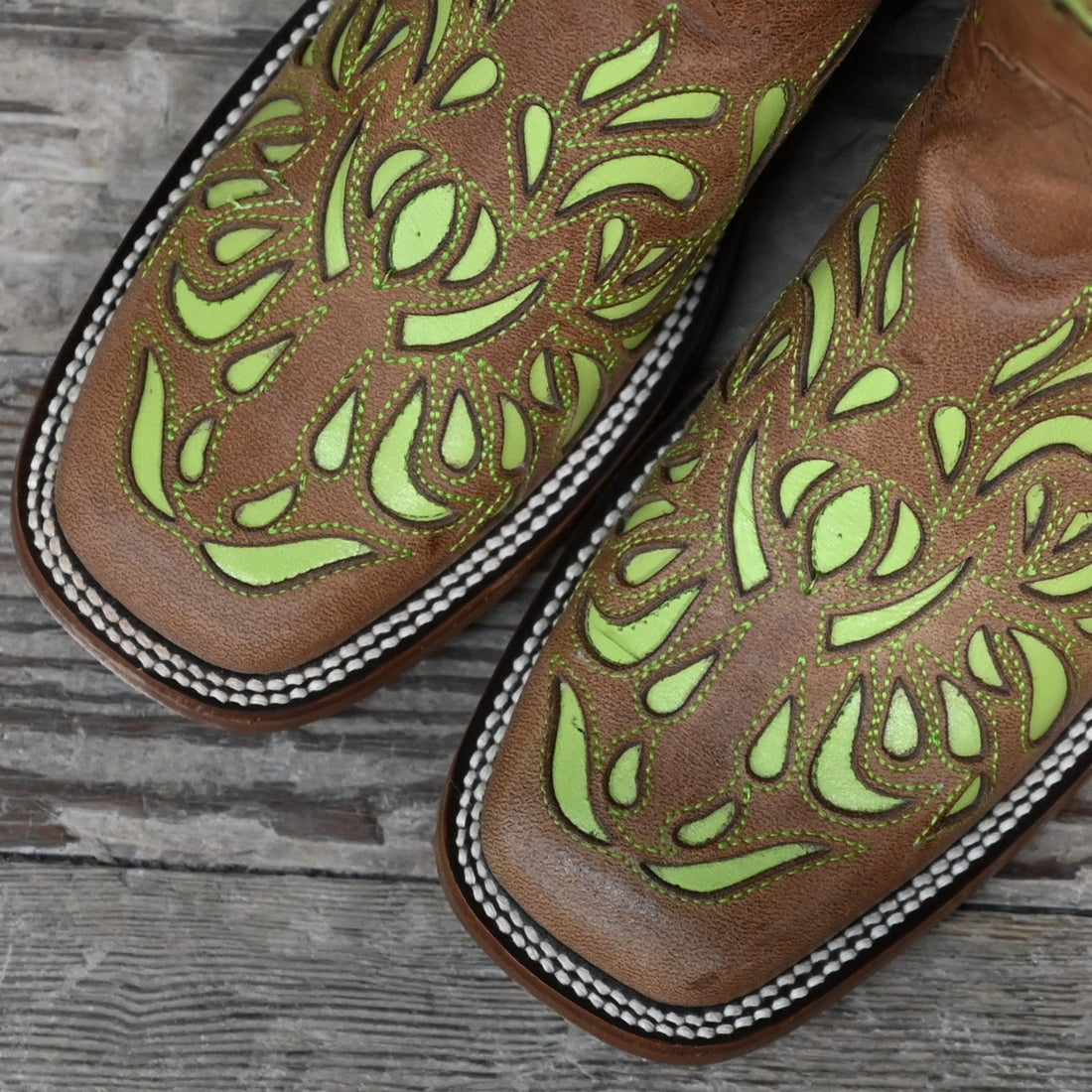 View of Hondo 13&quot; cowboy boot in maple vintage leather with lime inlays and wide square toe