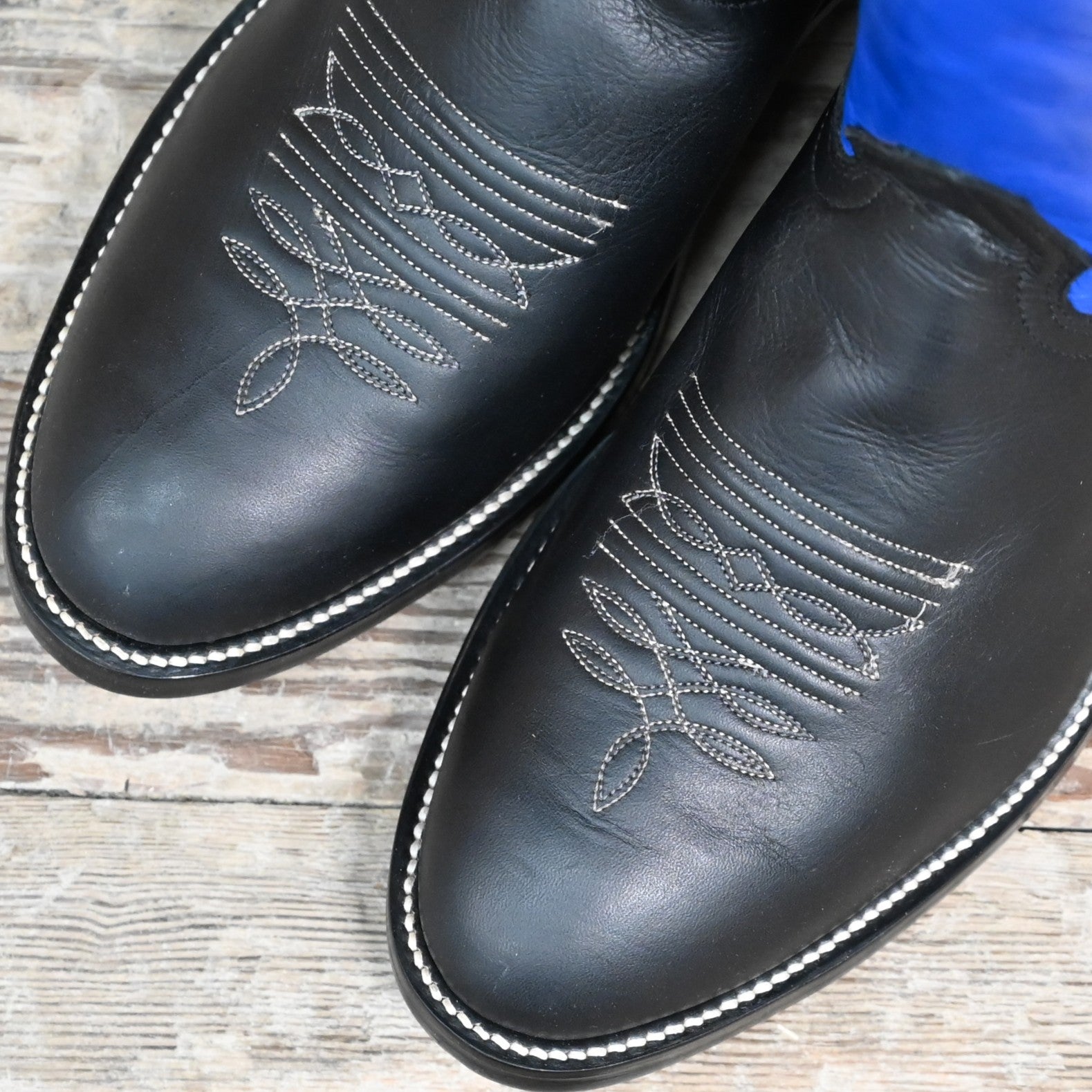 View of Hondo 16&quot; cowboy boot with royal blue top, black retan vamp, pull holes, and medium round toe