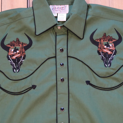 Rockmount Men’s Green Bison Skull &amp; Rider Embroidered Western Shirt