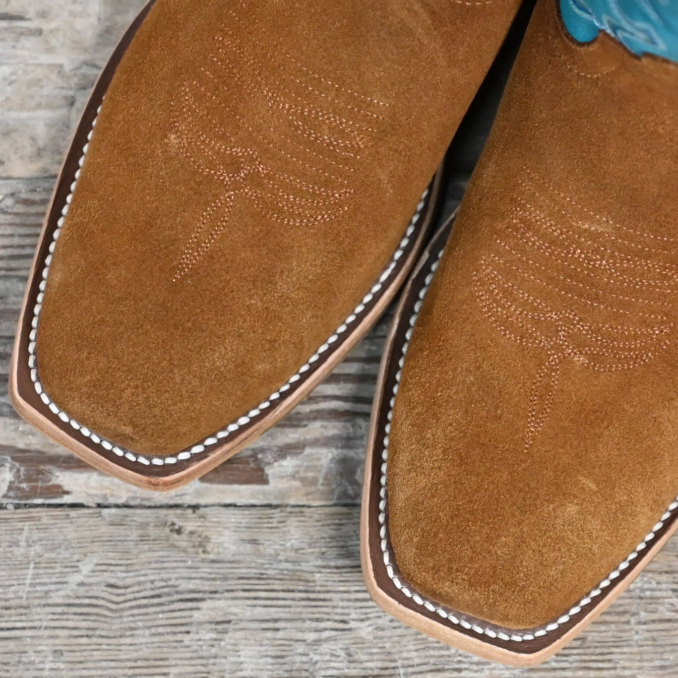 View of Macie Bean 15″ boot with turquoise top and camel suede vamp, cutter toe and City Girl heel