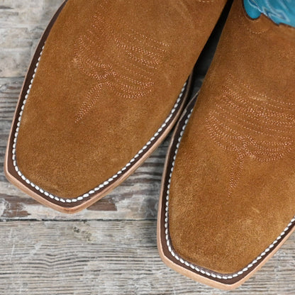 View of Macie Bean 15″ boot with turquoise top and camel suede vamp, cutter toe and City Girl heel