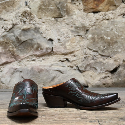 Lucchese ladies Western mule in burgundy leather with turquoise stitching and slide-on design