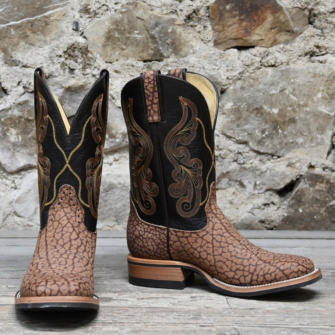 View of Hondo 11" cowboy boot with sand nubuck bullhide vamp, brown volcano top, and wide square toe