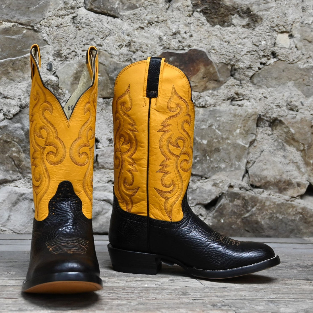 View of Hondo 13" cowboy boot with yellow top, brown shoulder vamp, and wide round toe