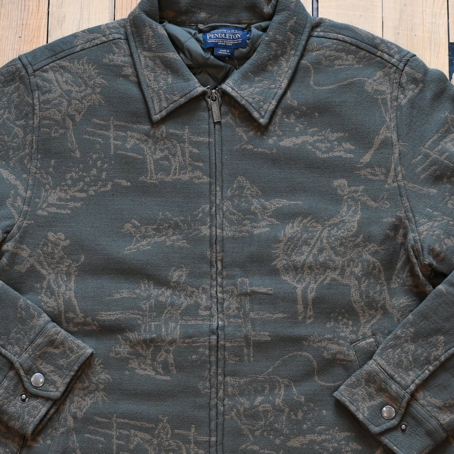 Pendleton Quilted Chamois Work Jacket in Wild Landscape Olive with tan cowboy and horse landscape pattern